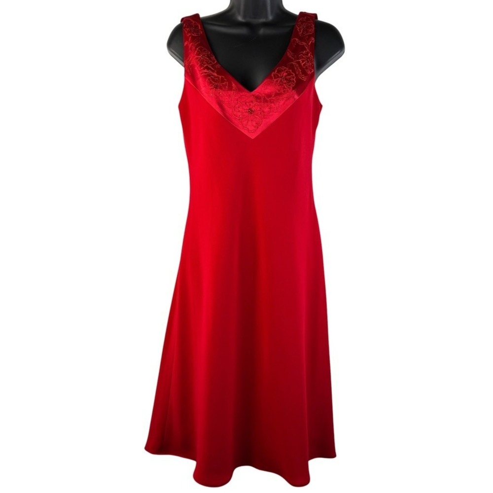 Evan Picone Red Sleeveless Midi Dress Beaded Embroidered V-Neck Cowl Back Size 8